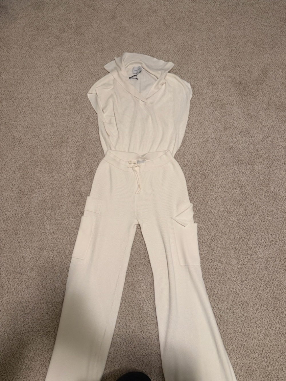 Pink Rose Cream Ribbed Hooded Jumpsuit with Cargo Pockets